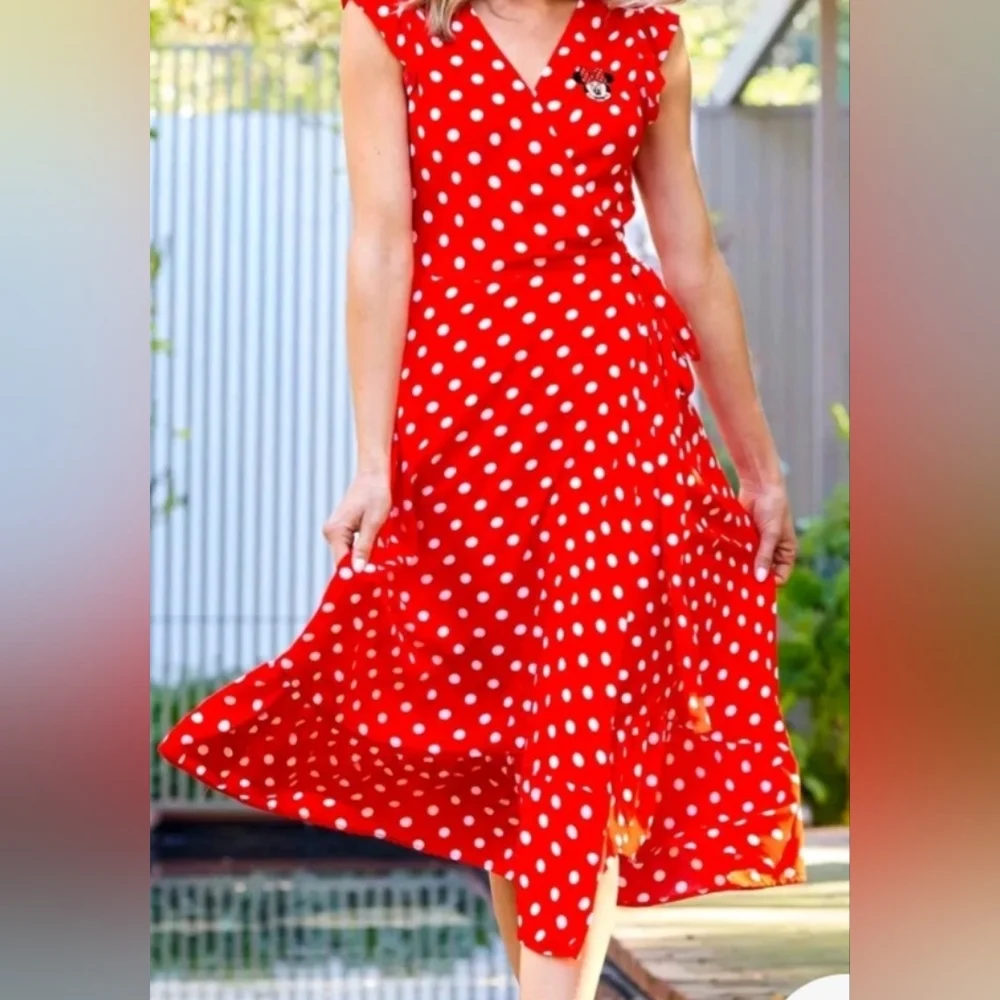 Disney Minnie Mouse Polka Dot Midi-Wrap Dress,Adjustable ties at waist. Small - Picture 2 of 8